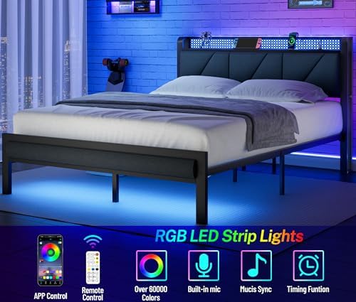 Furnulem Full Bed Frame with LED Lights | Upholstered Platform Bed with Charging Station & USB Port | Metal Support, No