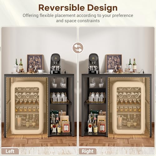 Homieasy Mini Fridge Bar Cabinet with Power Outlet – Coffee Bar Stand with Microwave Shelf & Wine Rack for Kitchen, Dorm
