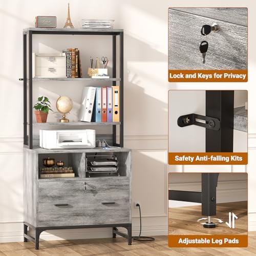 Homieasy File Cabinet with Charging Station for Office - Vertical Filing Cabinet with Lock, Large Drawer & Storage Shelv