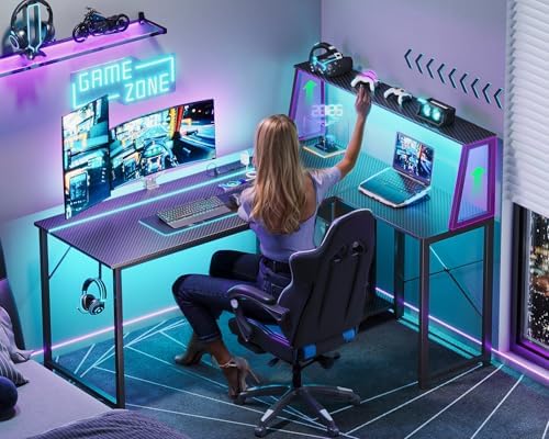 MOTPK 45 Inch L Shaped Gaming Desk - Carbon Fiber Surface, Power Outlet & LED Lights - Ideal for Gamers & Home Office -
