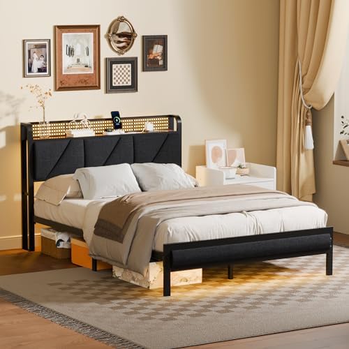 Furnulem Full Bed Frame with LED Lights | Upholstered Platform Bed with Charging Station & USB Port | Metal Support, No
