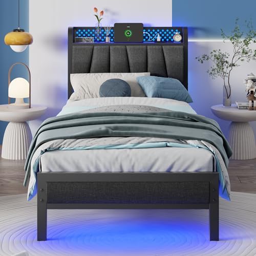 Furnulem Full Bed Frame with LED Lights | Upholstered Platform Bed with Charging Station & USB Port | Metal Support, No