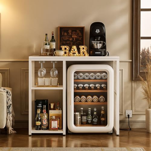 Homieasy Mini Fridge Bar Cabinet with Power Outlet – Coffee Bar Stand with Microwave Shelf & Wine Rack for Kitchen, Dorm