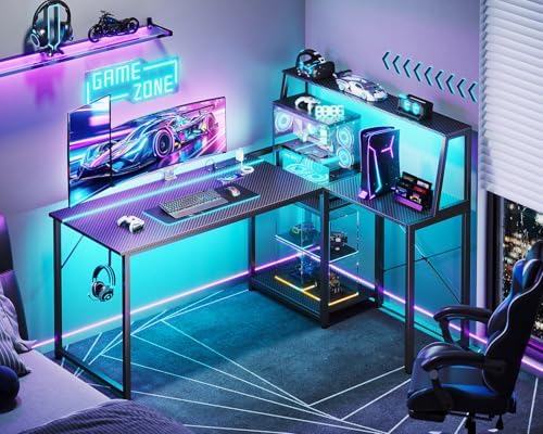MOTPK 45 Inch L Shaped Gaming Desk - Carbon Fiber Surface, Power Outlet & LED Lights - Ideal for Gamers & Home Office -