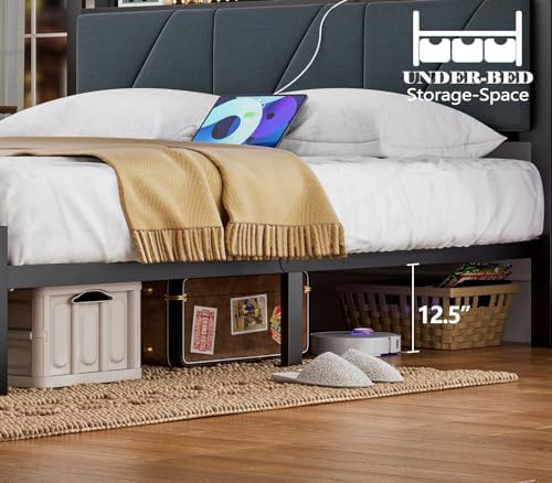 Furnulem Full Bed Frame with LED Lights | Upholstered Platform Bed with Charging Station & USB Port | Metal Support, No