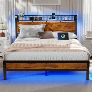 Furnulem Full Size Bed Frame with Storage Headboard | Industrial Platform Bed for Adults | Heavy Duty Metal with Chargin