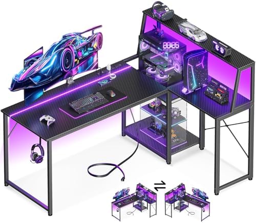 MOTPK 45 Inch L Shaped Gaming Desk - Carbon Fiber Surface, Power Outlet & LED Lights - Ideal for Gamers & Home Office -