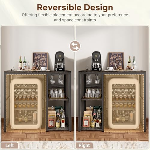 Homieasy Mini Fridge Bar Cabinet with Power Outlet – Coffee Bar Stand with Microwave Shelf & Wine Rack for Kitchen, Dorm