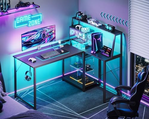 MOTPK 45 Inch L Shaped Gaming Desk - Carbon Fiber Surface, Power Outlet & LED Lights - Ideal for Gamers & Home Office -