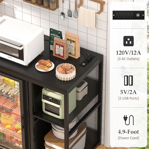 Homieasy Mini Fridge Bar Cabinet with Power Outlet – Coffee Bar Stand with Microwave Shelf & Wine Rack for Kitchen, Dorm