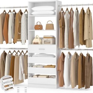 Aheaplus Closet System, 4-9Ft Wooden Closet Organizer for Walk-in Wardrobe, 4 Drawers & 4 Hanging Rods, Stylish & Functi