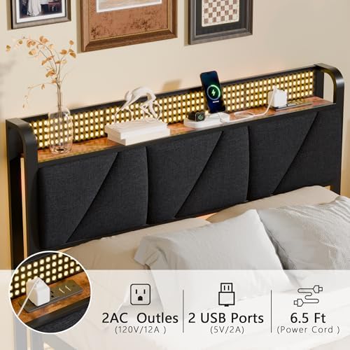 Furnulem Full Bed Frame with LED Lights | Upholstered Platform Bed with Charging Station & USB Port | Metal Support, No