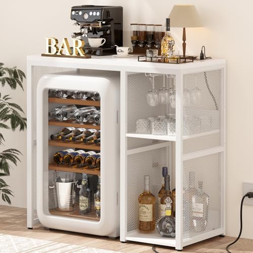 Homieasy Mini Fridge Bar Cabinet with Power Outlet – Coffee Bar Stand with Microwave Shelf & Wine Rack for Kitchen, Dorm
