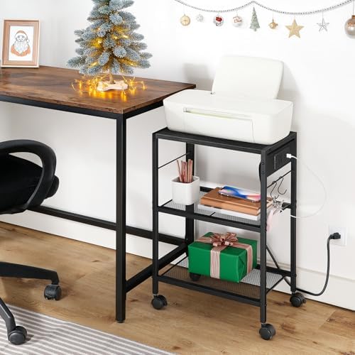 HOOBRO Industrial Printer Stand - 3-Tier Rolling Cart with Power Outlets & USB Ports - Mobile Home Office Printer Table